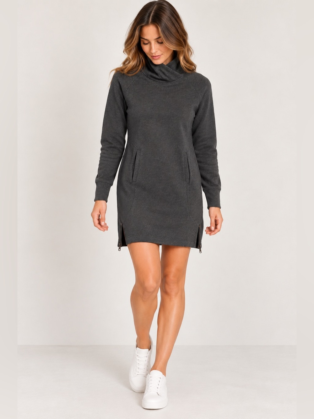 Lole Charcoal Funnel Neck Sweatshirt Dress Zip Hem XS